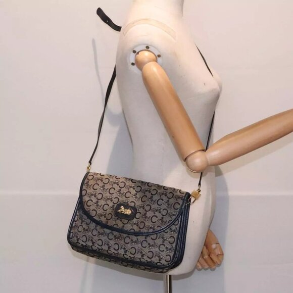 CELINE C Sulky Shoulder Bag Canvas Navy Gold Authentic - Picture 1 of 12